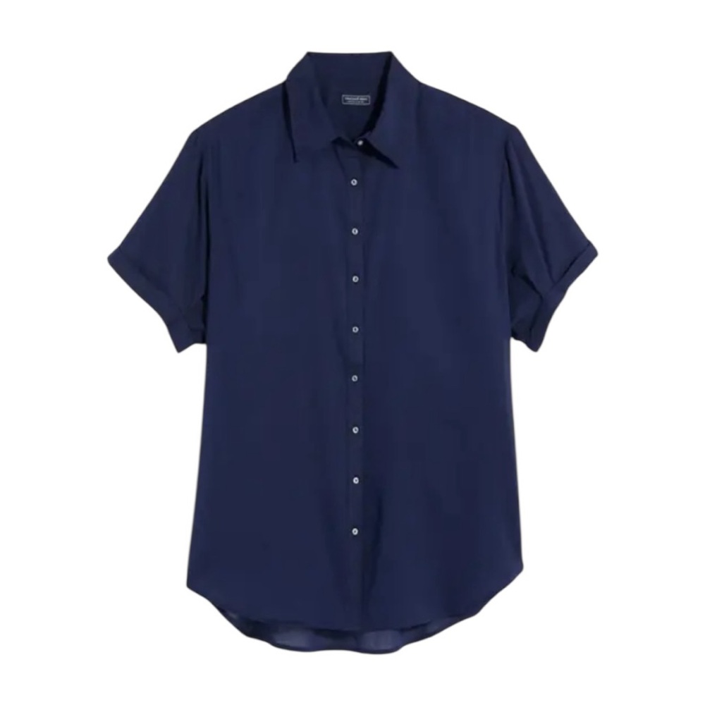 Vineyard Vines Womens Oversized Flowy Short Sleeve Button Front‎ Shirt Navy Blue
